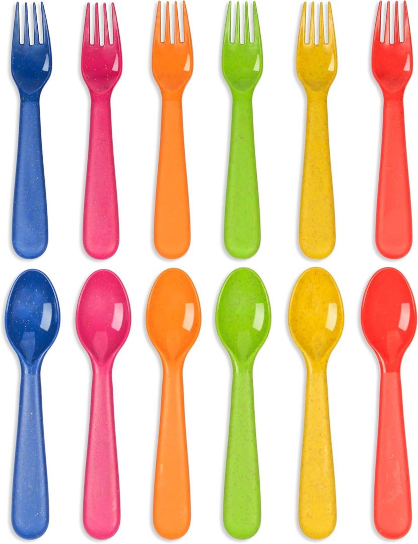 Wheat Straw Toddler Utensils Set of 12 - Kids Forks and Kids Spoons BPA Free/Dishwasher Safe Kids Utensils Cutlery Set Brightly Colored Toddlers Silverware Set