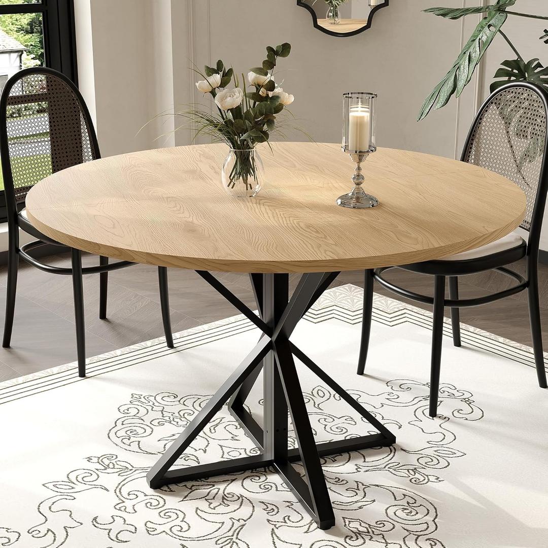 GarveeHome 47 Inch Round Dining Table for 4-6, Circle Kitchen Table with Pedestal Base, Farmhouse Wooden Dining Table for Small Spaces, Kitchen & Dining Room, Living Room-Oak/Only Table