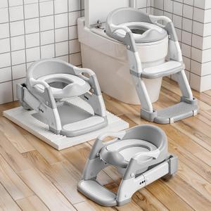 Snugzy Potty Training Seat Toddler 3-in-1 Foldable Potty Training Toilet with Step Stool Adjustable Potty Chair with Urinals (Grey)