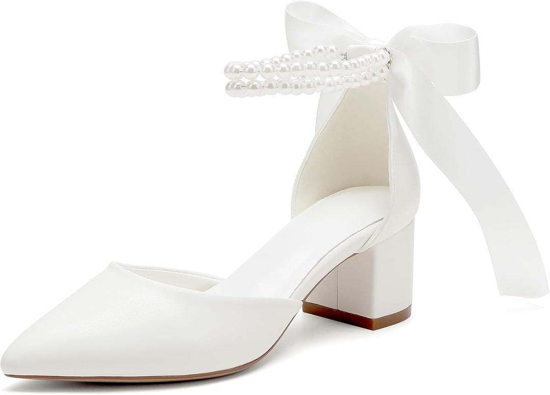 Women's Block Heels Wedding Shoes,Pearl Satin Pumps Heel for Women,Low Chunky Sandals Ankle Strap Wedding Dress Pump Shoes Sandals (10, Ivory)