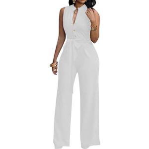 LalaLin Sexy Sleeveless Jumpsuit for Women V Neck High Waisted Long Wide Leg Pant Button Down Party Romper,XL