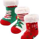 3 Pairs Toddler Girl Boy Sherpa-lined Fuzzy Socks Anti Skid with Grips, Baby Girl Boy Christmas Socks Kids Slipper Socks (12-24 Months)