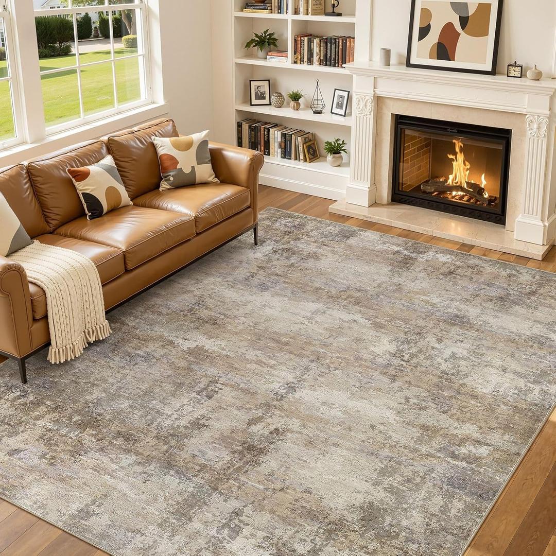 8x10 Washable Area Rugs for Living Room, Non Slip Soft Large Rugs for Bedroom Dining Room, Modern Abstract Low Pile Stain Resistant Carpet for Laundry Office Home Decor - Dark Brown