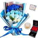EIGHTOWN Roses Bouquet Artificial Flower - Preserved Blue Rose Flowers with Love Necklace for Her - Unique Gifts Valentine's Day, Mother's Day, Thanksgiving, Birthday, Anniversary (Navy and Blue)