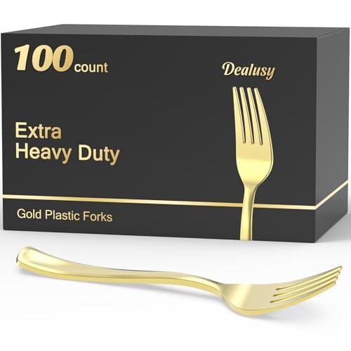 Dealusy 100 Count Heavy Duty Gold Plastic Forks Disposable, BPA-Free, Heat Resistant, Solid and Durable Premium Plastic Disposable Forks for Party Supply