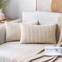 MIULEE Pack of 2 Corduroy Decorative Lumbar Throw Pillow Covers 20x12 Inch Soft Boho Striped Pillow Covers Modern Farmhouse Home Decor for Sofa Living Room Couch Bed Cream White