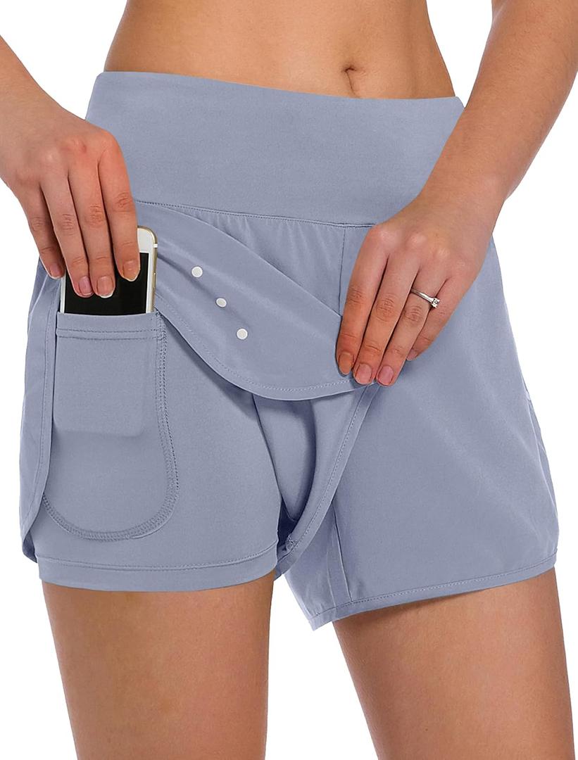 Ksmien Women's 2 in 1 Running Shorts - Lightweight Athletic Workout Gym Yoga Shorts Liner with Phone Pockets, Large