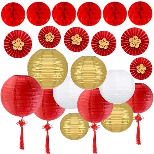 14 Pcs Chinese Paper Lantern Red Gold White Decorative Hanging Lanterns Honeycomb Balls Paper Fans Chinese Knot for Chinese New Year Spring Festival Home Restaurant Party Decor