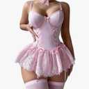 SHENHE Women's Lace Babydoll Garter Lingerie Dress with Thong and Stockings Set, Pink, XL