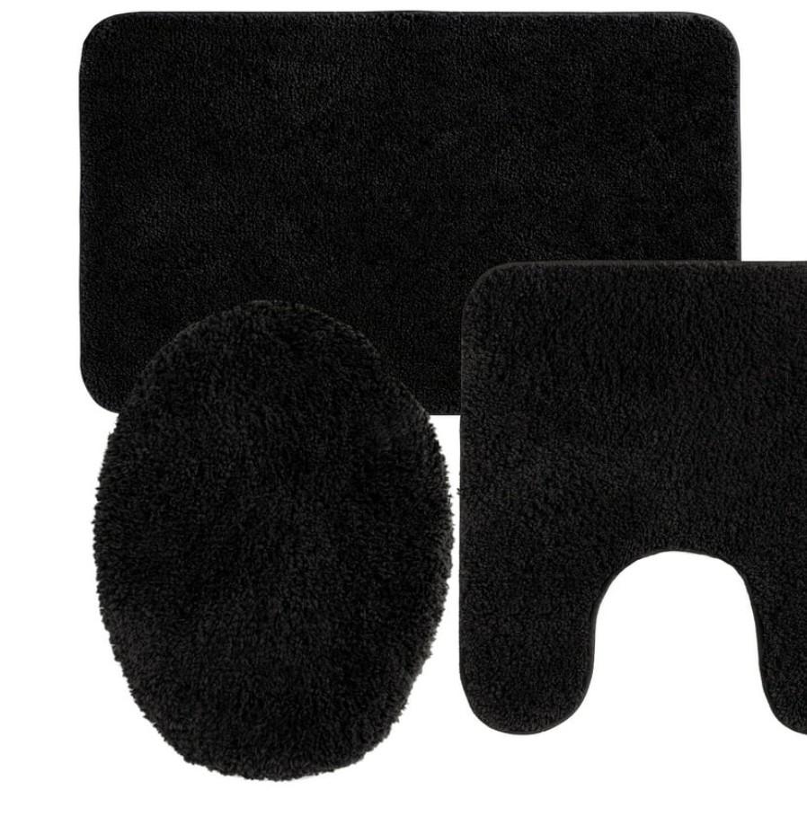 Mainstays Basic 3-Piece Polyester Bath Rug Set: Black, Contour, Lid Cover