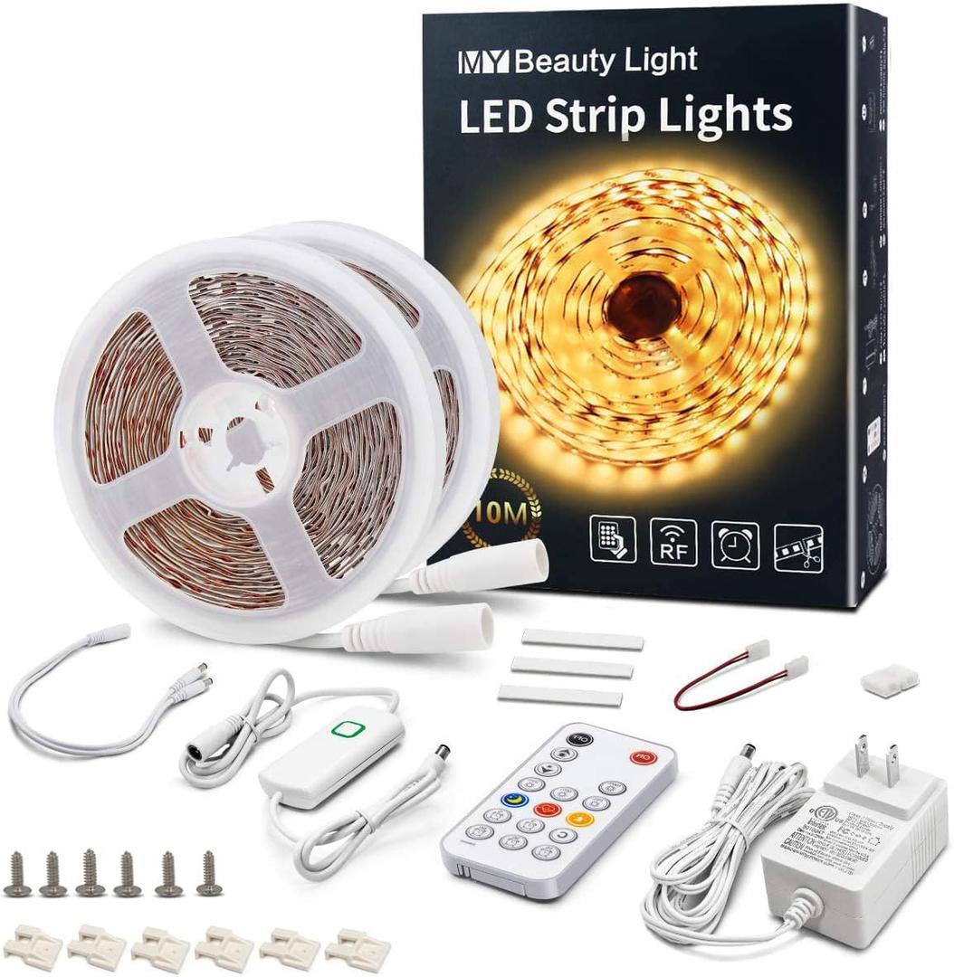 MY BEAUTY LIGHT LED Strip Lights Warm White,32.8ft Dimmable LED Light Strip with RF Remote,600 Bright 3000K 2835 LEDs,Plug-in Adhesive Rope Lights with Timing Mode for Living Room Bedroom Kitchen