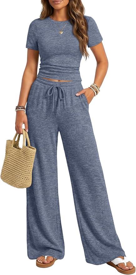 Trendy Queen Womens 2 Piece Lounge Matching Sets Wide Leg Pants Crew Neck Short Sleeve Shirt Sweatsuits, Size XS