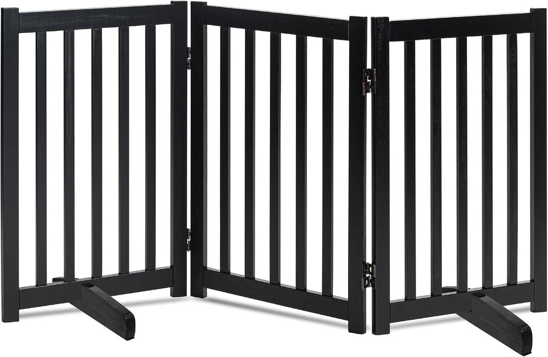 LZRS Freestanding Dog Gate 30 inch Tall - 3 Panels Solid Wooden Pet Gate for Doorways, Stairs & Hallways, Expandable & Foldable with Support FeetIndoor Use,Black