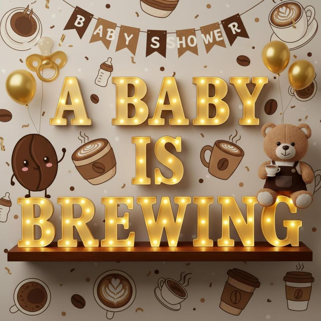 Honoson 14 Pcs a Baby Is Brewing Baby Shower Party Decorations, LED Letter Lights Sign, Table Decor for Gender Reveal, Welcome Boy or Girl, Diaper Party Supplies (Yellow)