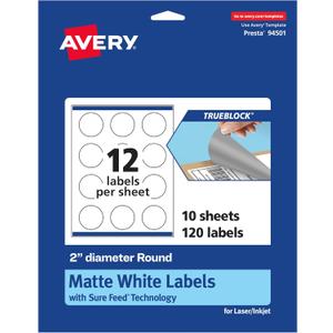 Avery TrueBlock Matte White Round Labels, Sure Feed Technology, 2" Diameter, 120 Matte White Labels, Print-to-The-Edge, Laser/Inkjet Printable, Great for Making Stickers or Product Merchandising
