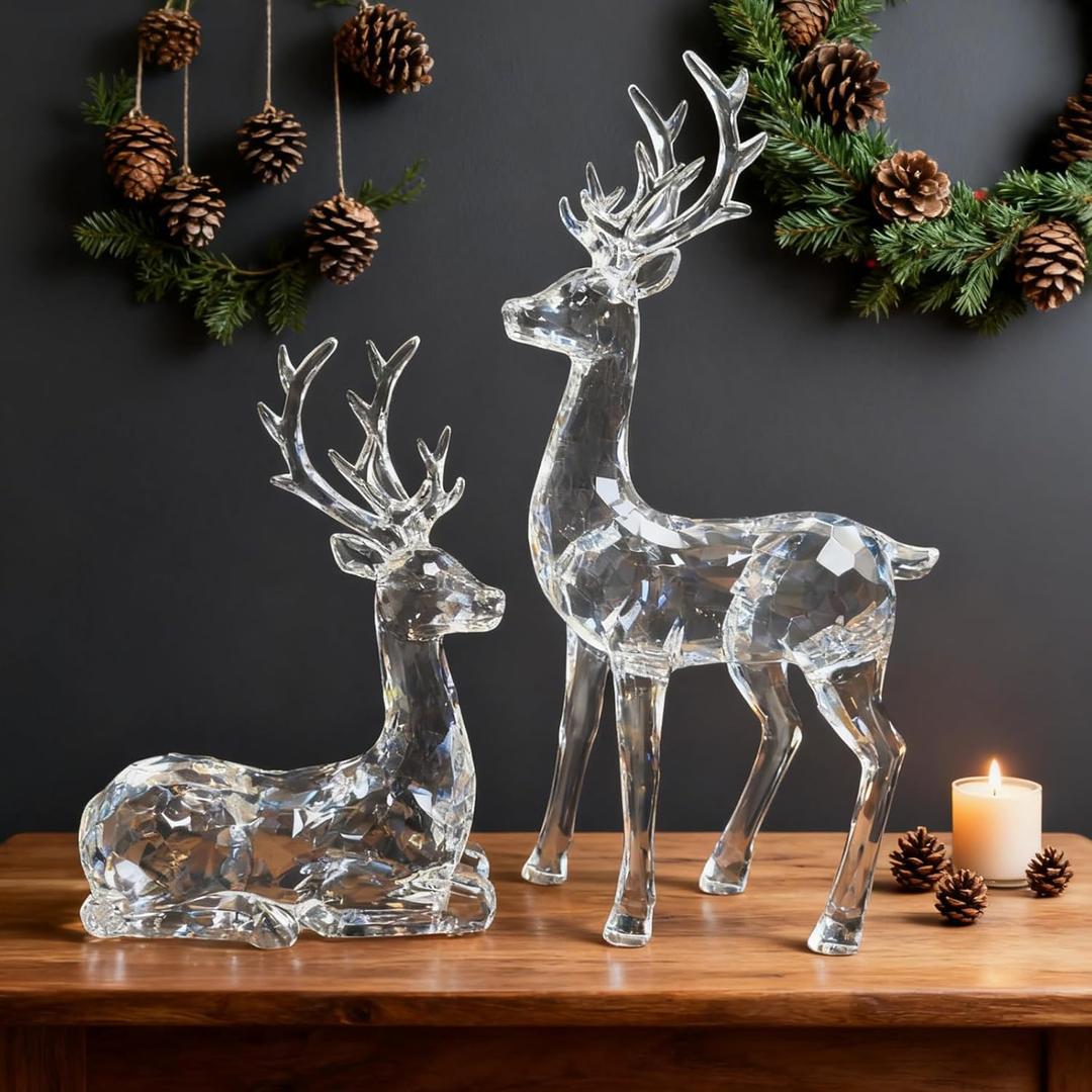 Christmas Reindeer Figurines - Resin Deer Statues for Home Dcor, Xmas Tabletop Decor, Fireplace Mantel, Shelf & Cabinet Ornaments (Set of 2 Elk Sculptures) (Clear)
