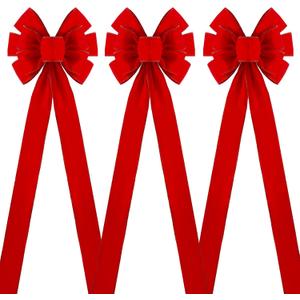 DIYDEC 3PCS Christmas Red Bows Decorations, 10 x 30 Inches Large Velvet Christmas Tree Wreaths Bows with Glitter Gold Edge for Xmas Home Fence Stairs Railing Fireplace Indoor Outdoor Front Door Decor