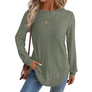 JUSTFASHIONNOW Womens Long Sleeve Shirts Trendy Sweaters Lightweight 2025 Casual Crewneck Fall Tunic Tops Loose Fit Dressy (Green, XL)