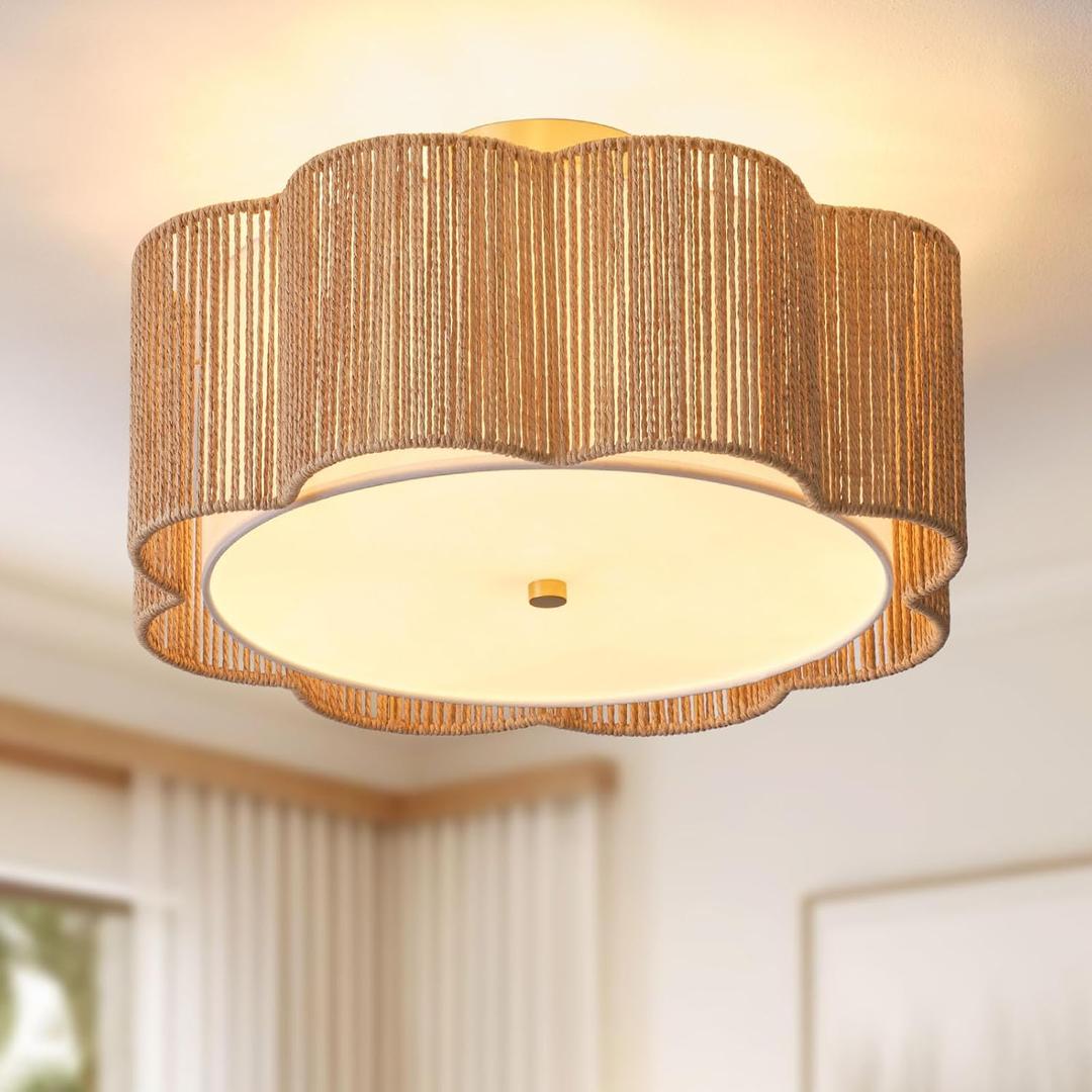17.7" Rattan Flush Mount Ceiling Light, 3-Light Boho Close to Ceiling Light Fixtures, Rattan Bedroom Ceiling Light, Farmhouse Large Drum Chandelier for Dining Room, Kitchen, Hallway(Yellow)