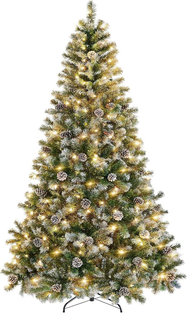 34.6 in Christmas Tree, Snow Flocked Artificial Xmas Tree with Warm White & Multi-Color Lights, Frosted Holiday Tree w/Pine Cones, Branch Tips Christmas Tree for Home Decoration Indoor Outdoor