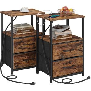 TUTOTAK End Table with Charging Station, Side Table with 2 USB Ports and Outlets, Nightstand with Cloth Drawer, Set of 2, Couch Table, Brown TB01BB052