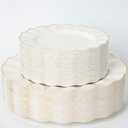 HIGH END 100 Pcs Ivory Wave Plastic Plates with Gold Trim, Fancy Disposable Plate Sets Include 50 Dinner & 50 Dessert Plastic Plates, Elegant Disposable Plate Set For Party, Thanksgiving (50 Guests)