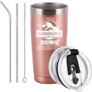 2 x Mamasaurus Tumbler Don't Mess with Mamasaurus You'll Get Jurasskicked Travel Tumbler Birthday Mothers Day Gifts for Mom from Daughter Son Kids Mom Gifts with 2 Lids and Straws, 20OZ Rose Gold