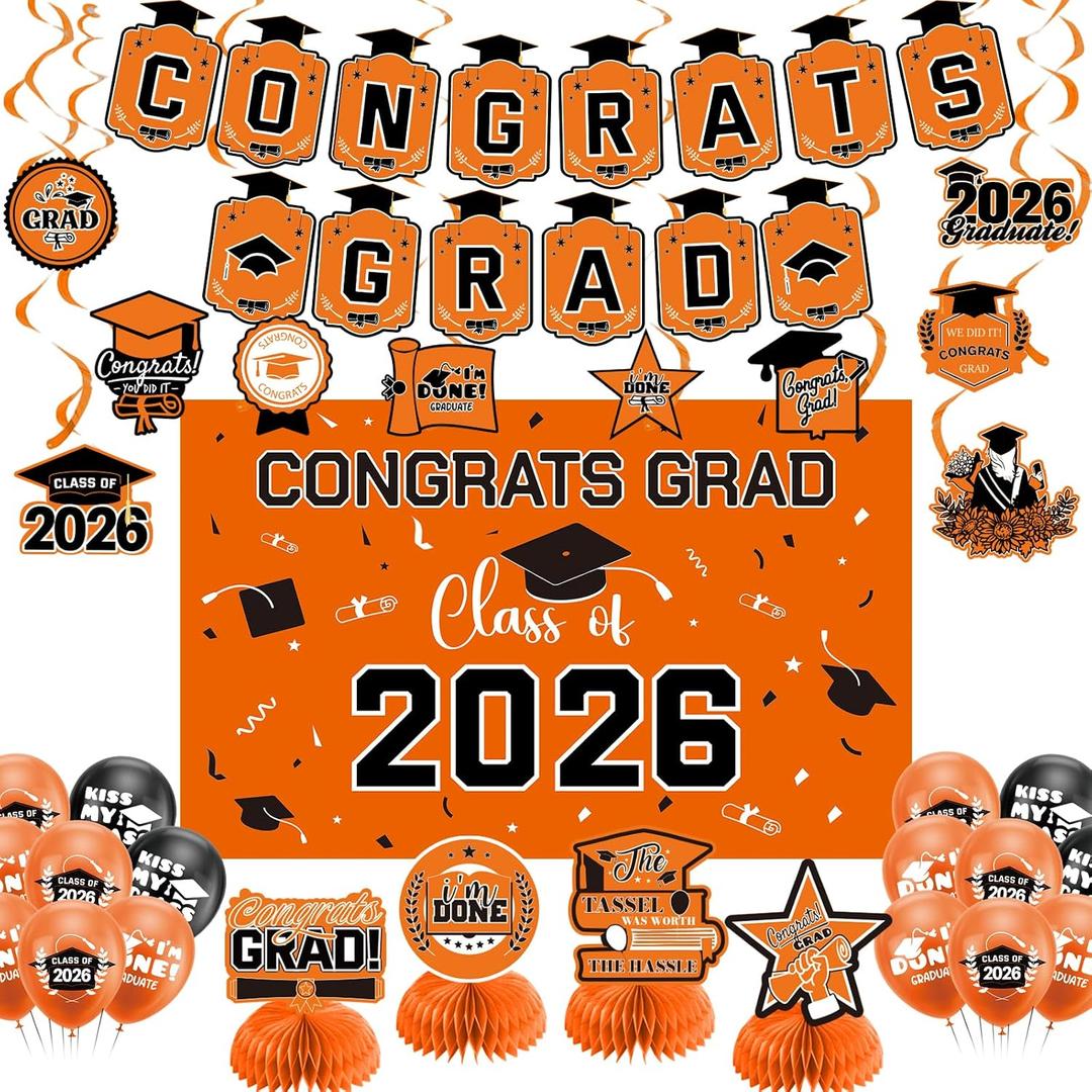 Graduation Decorations 2026 Orange Themed Set - Congrats Grad Banner, Class of 2026 Backdrop, Balloons & Streamers Kit - Complete Party Supplies for High School & College Celebrations