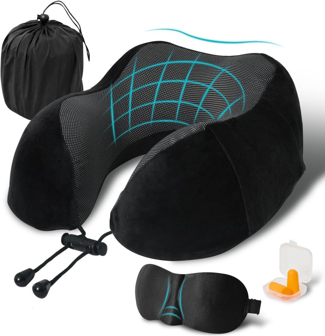 Travel Pillow, Memory Foam Neck Pillow for Traveling, U Shape Neck Pillow Airplane Portable Flight Pillow Travel Kit with 3D Contoured Eye Masks and Earplug for Plane Train Car Home Office - Black