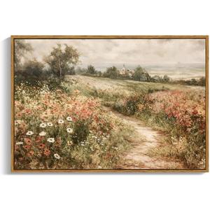 OIQArtOIQ Framed Canvas Wall Art,Vintage Decor,Landscape Nature Country Wildflower Paintings Farmhouse Pictures Modern Artwork Rustic Fall Flower Prints Cottagecore Office Living Room Bedroom Bathroom (24"x36" Framed Natural)