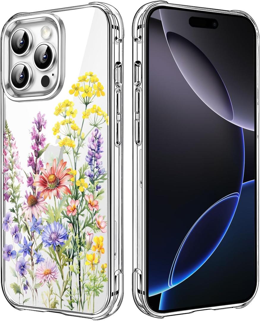 Wild Flower Clear Case Compatible with iPhone 16 Pro, Cute Girls and Women Floral Back Case Cover, Summer Flowers Transparent Flexible TPU Bumper Shockproof Protective Phone Case
