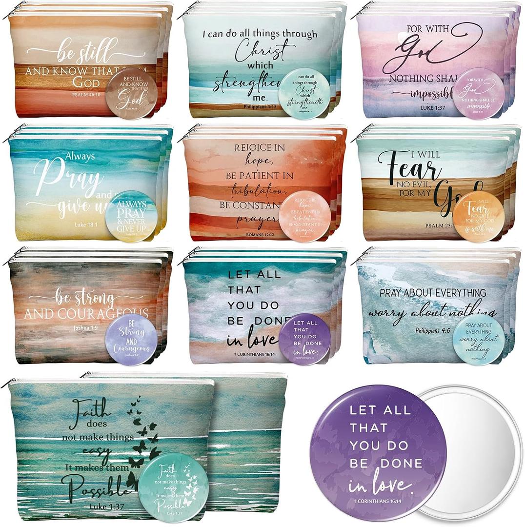 Reginary 30 Set Christian Gifts for Women Religious Mothers Day Gifts Canvas Makeup Bags Inspirational Bible Verse Compact Mirrors for Church Mother's Day Party Favors(Bright Colors,Abstract Style)