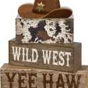 Yuntau 4 Pcs Western Tiered Tray Decorations Set Cowboy Hat Stack Block Signs Desert Farmhouse Rustic Tabletop Tiered Tray Decor for Table Shelf Home Office