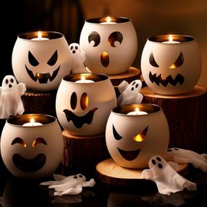 6 Pcs Halloween White Votive Candle Holder Ghost Votive Candles Holder Flameless Candles with 6 Laser Engraving Patterns for Halloween Ghost Party Decor