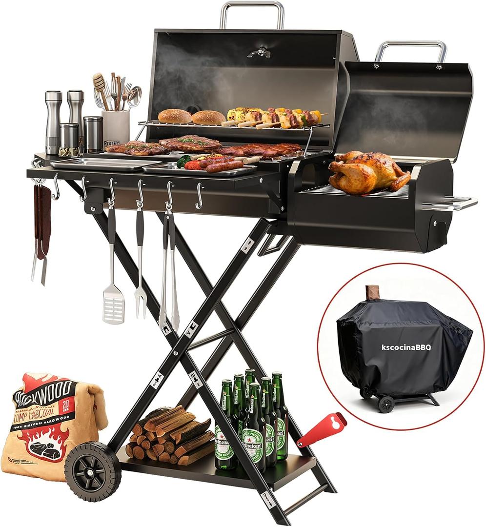 Portable Charcoal Grill with Smoking Function, Foldable Suitcase Design with Wheels, Multi-Tier Storage Rack & Waterproof Cover for Outdoor BBQ Parties (Black)
