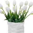15 Pcs White Artificial Tulips Fake Flowers, Premium Latex Lifelike Texture, UV Resistant Waterproof Faux Tulip Bouquets with Snap-on Petals for Outdoor, Home, Wedding Decor