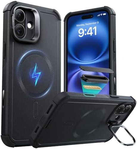 ESR for iPhone 16 Case with Stash Stand, Camera Control, 23FT Military-Grade Shock-Absorbing Drop Protection, Compatible with MagSafe Accessories, Magnetic Cyber Series, Black