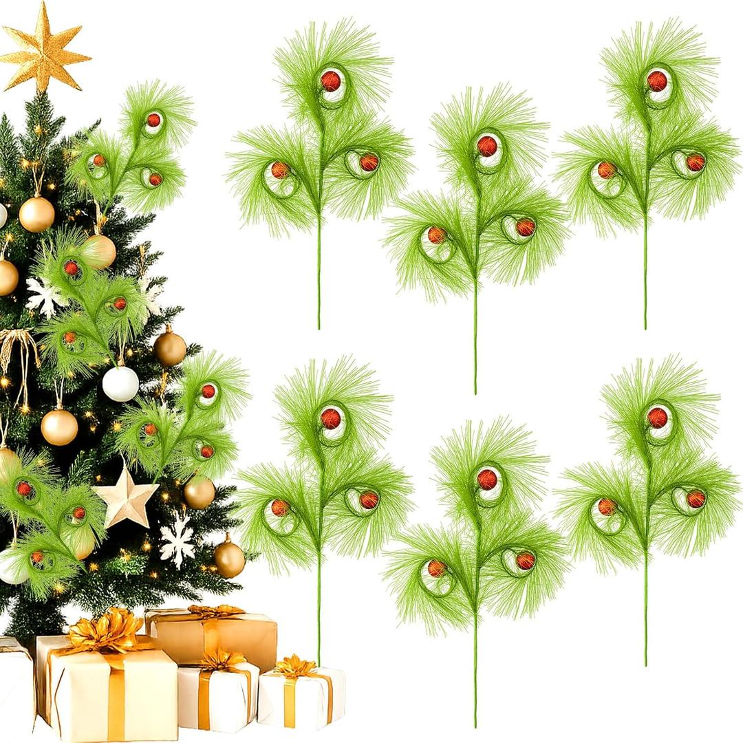 17 Inch Christmas Tree Picks, 6 PCS Lime Green Furry Curly Stems with Red Glitter Balls, Flexible Christmas Tree Topper Decorations for Holiday Arrangements, Wreaths & Table Christmas Decor