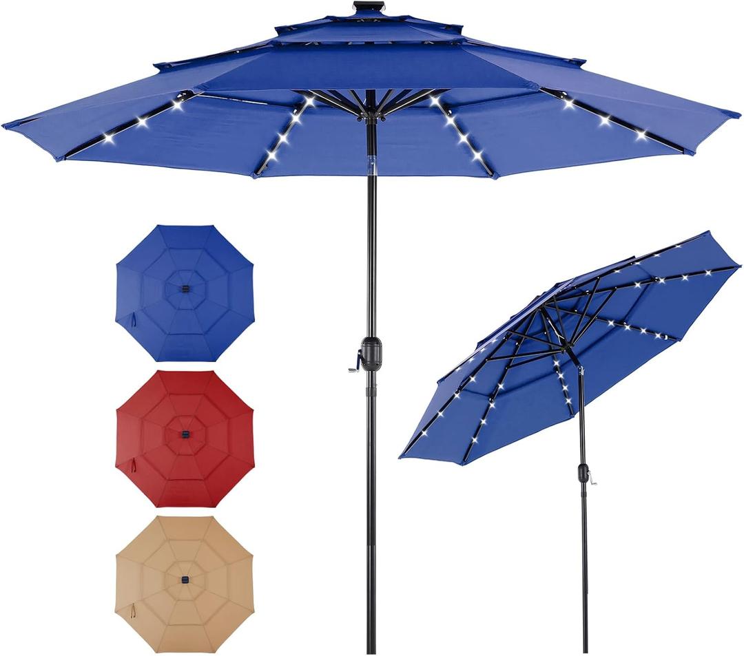 10FT 3-Tier Solar Patio Umbrella with 32 LED Lights, Outdoor Umbrellas with Push Button Tilt and Crank, Tilting Table Umbrella with 8 Sturdy Ribs for Market, Beach, Pool, Garden, Deck, Backyard, Terrace, Restaurant, UV Protection, Navy Blue
