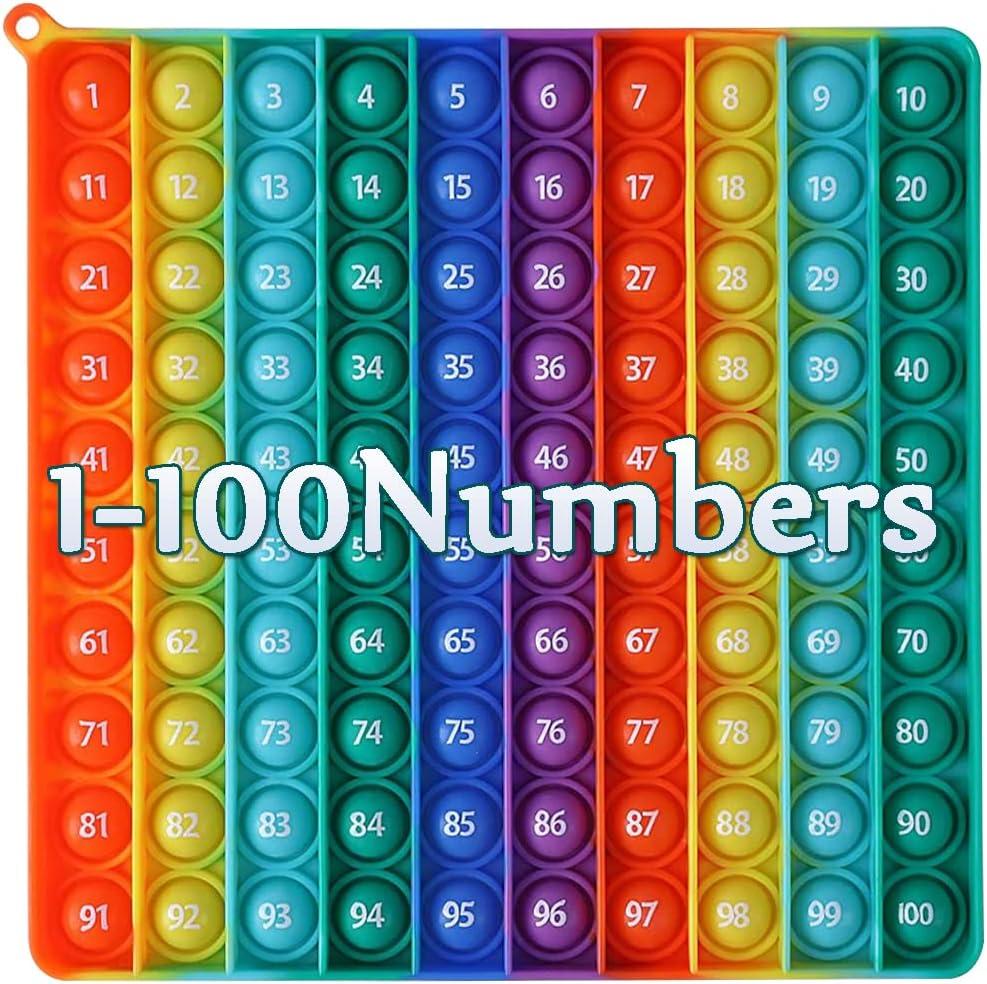 8.5 in Big Size P0pp Math Toys , Rainbow Square Fidget Ttoy 100bubbles Stress Relieving Fidget Game for Teachers to Create Kinds of Math Manipulatives【with 1-100 Numbers Tables】