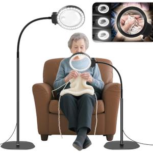 10X 30X Floor Magnifying Glass with Light and Stand,36 LED Flexible Gooseneck Magnifying Lamp, Adjustable Brightness Large Lighted Magnifiers for Reading,Sewing,Crafts,Painting,DIY,Close Work (Black)
