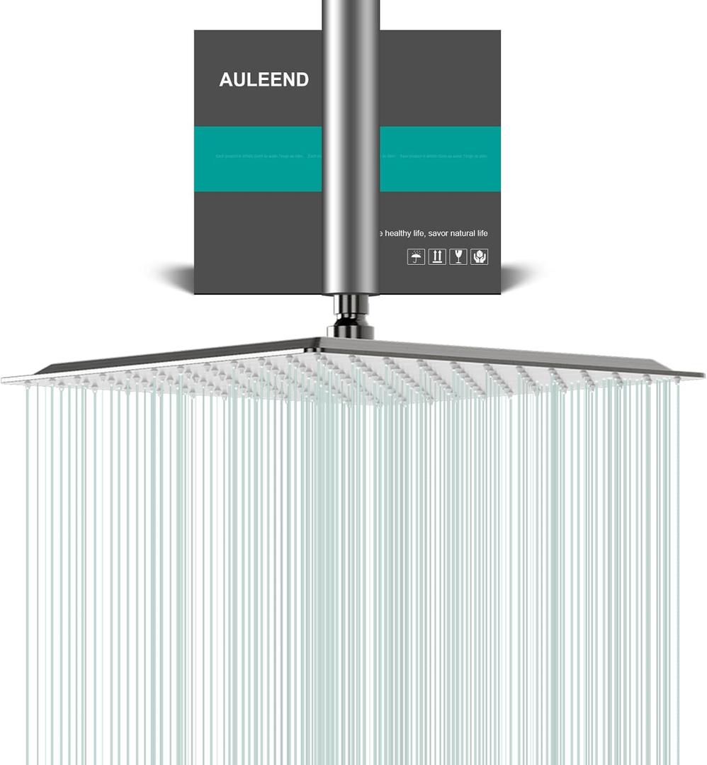 Square Rain Shower Head, High Flow Stainless Steel,Work with any decorative styleAll Metal Rainfall Shower Head (Brushed Nickel, 12)