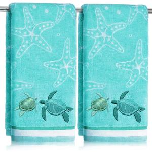 2 Pcs 13.7x29.5 Inch Sea Turtle Hand Towels | Jacquard 100% Embroidered Cotton, Soft Coastal Summer Beach Towel, Kitchen Bathroom Home Decor Gift, 13.78 x 29.53 inches