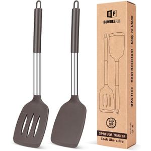 Pack of 2 Silicone Solid Turner, Non Stick Slotted Kitchen Spatulas, High Heat Resistant BPA Free Cooking Utensils, Ideal Cookware for Fish, Eggs, Pancakes(Chocolate)
