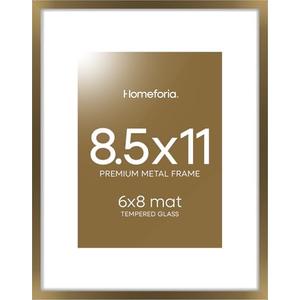Homeforia 8.5x11 Picture Frame Bronze, High End Metal Brass Frame 8.5 x 11 with Mat 6 by 8 Photo, 11x8.5 Frames Matted to 6x8 Print, 8.5by11 Wall or Tabletop Frames, Tempered Glass, Wall Kit, Set of 1