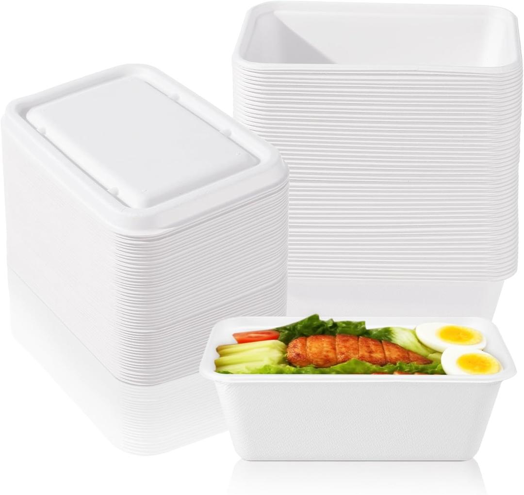 34 oz Disposable Food Containers with Lids 50 Pack Sugarcane Pulp Food Prep Containers Biodegradable Lunch Take out Box Compostable and Microwave Safe for Meal Prep(White)