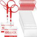 Patelai 100 Sets 6 x 4 Inch Badge Holder with Lanyard Horizontal Name Tag Lanyard with ID Holder Waterproof Clear Name Badge for Office Workers Volunteers (Red)