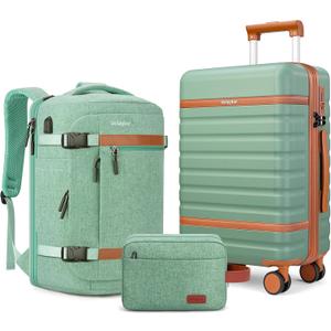 VelayborLuggage Sets 3 Piece with Spinner Wheels, Lightweight PC Hardside Suitcase with TSA Lock & YKK Zippers, 20 Inch Carry On Luggage with Travel Bag for Men and Women, Green