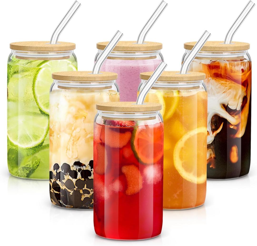 sungwoo 6PCS Glass Cups with Bamboo Lids and Straws, 16OZ Ice Coffee Cup, Drinking Cup set with Wooden Lids, Home Essential Glass Tumblers for Beer, Cocktail, Tea and Latte Clear