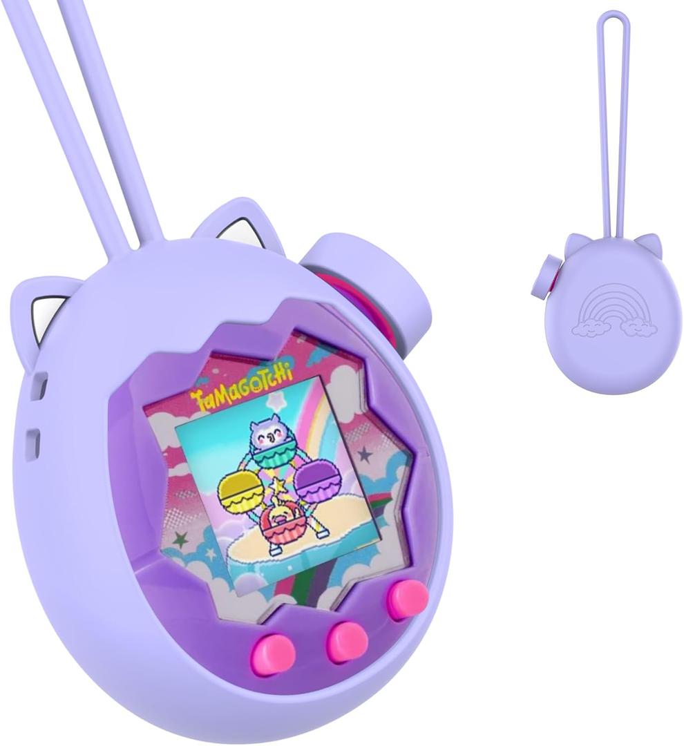 for Tamagotchi Paradise Silicone Case and Knob Cap, Soft Drop-Proof Portable Carrying Protective Case for Tamagotchi Paradise Accessories with Integrated Lanyard (Case Only), Purple
